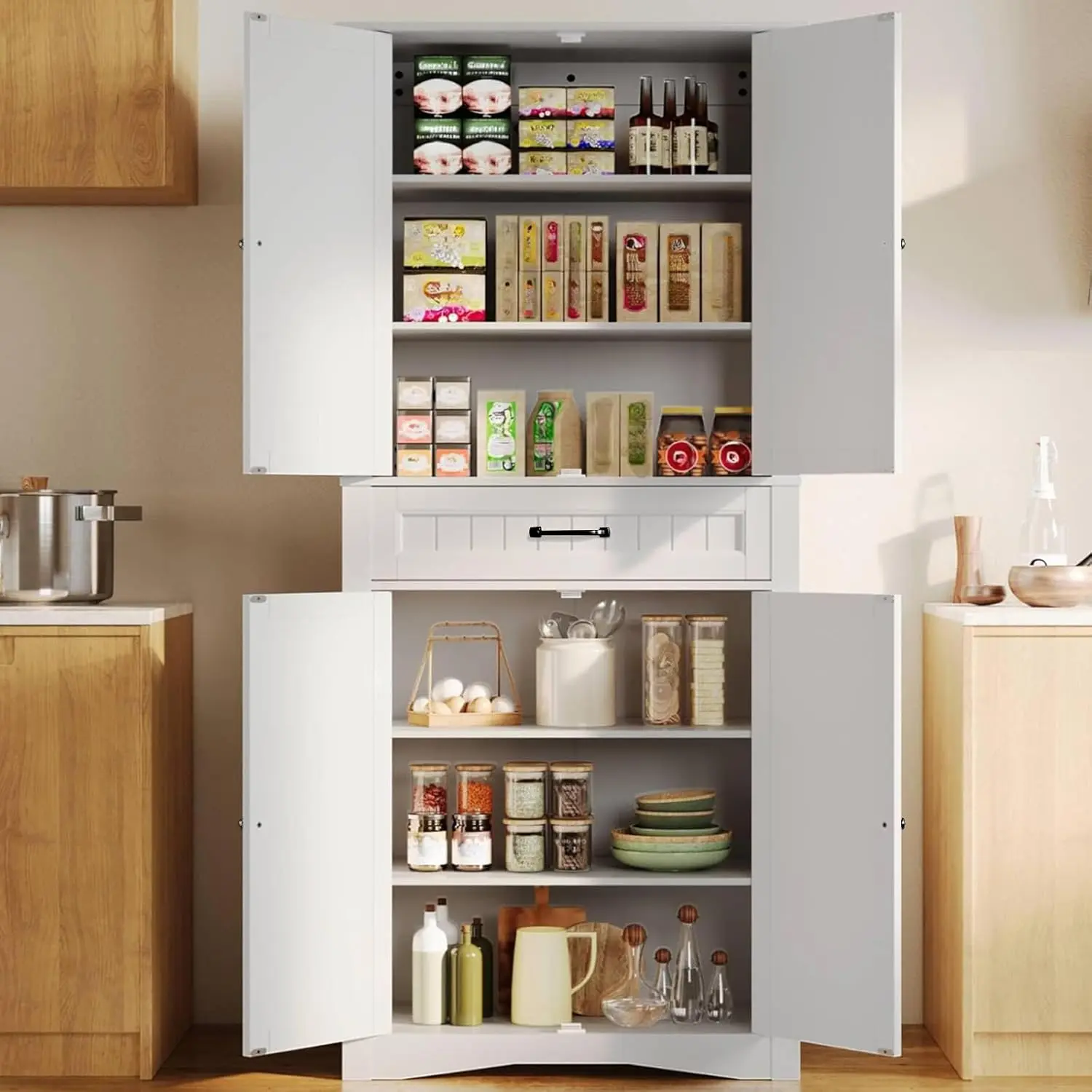 Gizoon 71" Rectangular Wood Kitchen Pantry Storage Cabinet, Freestanding Tall Durable Cupboard, White - 4 Doors, 4 Adjustable Shelves, Large Drawer, Anti-Tip Device, Holds 60 lbs, Fits Kitchen/Living Room