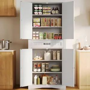 Gizoon 71'' Kitchen Pantry Storage Cabinet, Freestanding Pantry Organizers and Storage Cabinet with 4 Doors and 4 Adjustable Shelves, Tall Cabinet with Large Drawer for Kitchen, Living Room, Bathroom Apartment Furniture