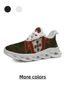 Neutral Olive Portuguese Retro Emblem Print Sneakers, Breathable Mesh, High Elastic Shock Absorption, Anti-Slip, Casual Outdoor Shoes