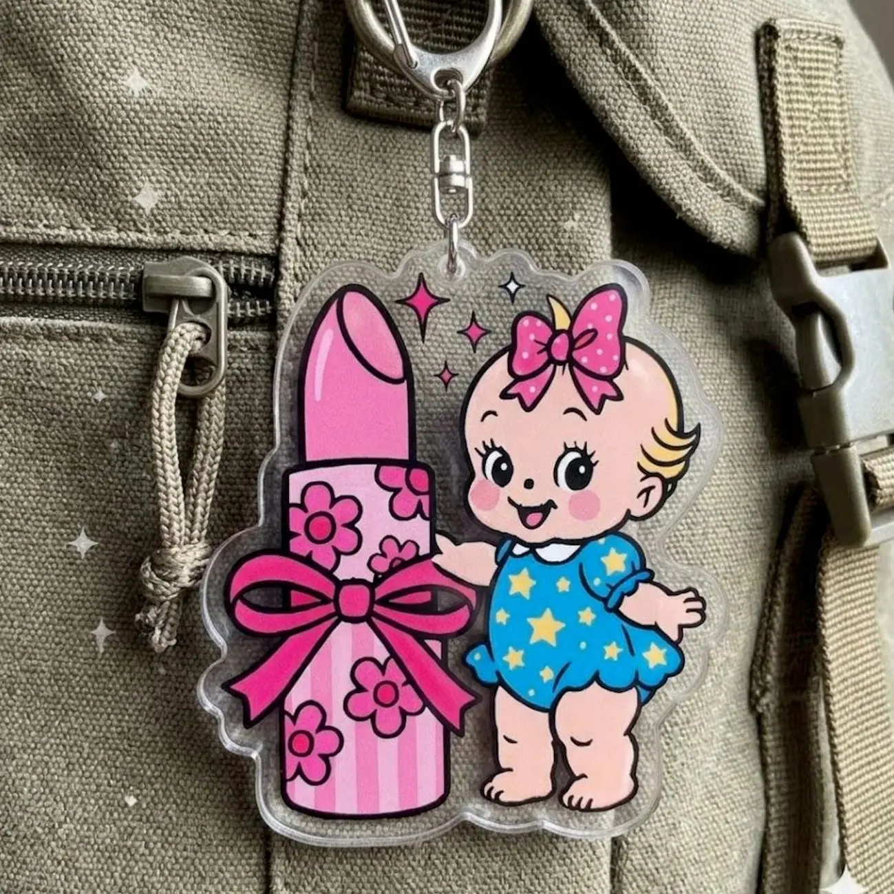 Lipstick Kewpie Keychain, Pink Bow Baby Acrylic Charm, Girly Kitsch Bag Accessory