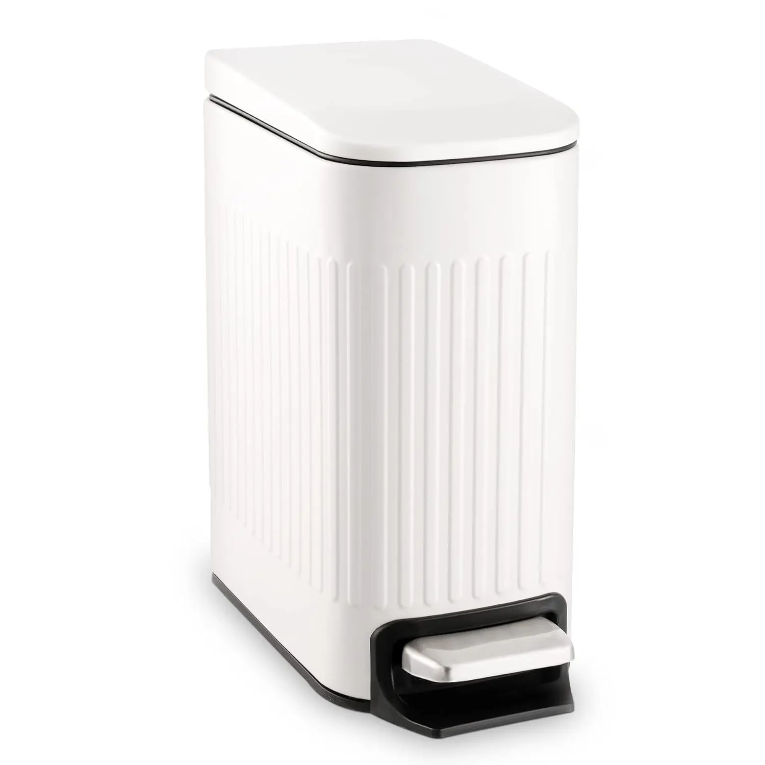 Slim Bathroom Trash Can with Lid Soft Close, 6 Liter/1.6 Gallon Stainless Steel Small Garbage Can with Removable Inner Bucket, Step Pedal, Slim Wastebasket for Toilet, Office, Bedroom, White
