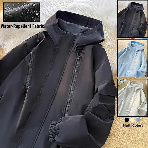 Solid Color Hooded Hardshell Jacket for Men & Women, Multi-Zipper Cargo Style Windproof Loose Casual Coat