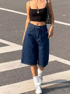 High-Waisted Bermuda Jeans Shorts, Vintage Washed Look, Elegant Embroidered Pockets, Unique Y2K Street Style, All-Season Fashion