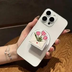 Tulip Flower Magnetic Phone Grip, Cute Envelope Design with Pink Tulips, Floral Magsafe Phone Holder mount sticky pop socket