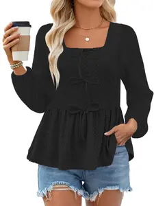 Women's 2026 Vacation New Bowknot Decorated Round Neck Fashion Top, Elegant Striped Fitted Shirt, Spring & Fall Casual Wear