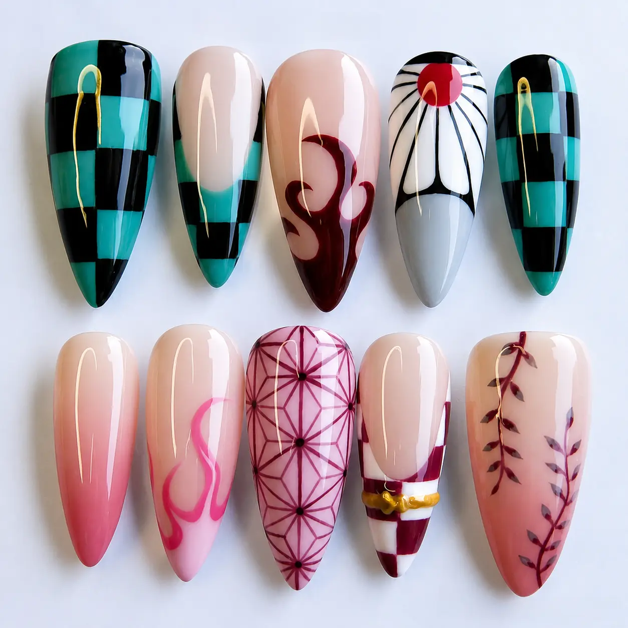 Idemonade Eslayeral Atanjiron Enezukona Press On Nails | 3D Anime Nail Art | Green Checkered Haori Pink Kimono Handmade Reusable Nails FREE Adhesive Tabs  Nail File Cuticle Stick