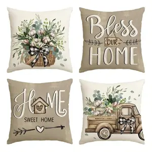 4pcs AVOIN Colorlife Blessing Home Farmhouse Eucalyptus Leaf Pillow Covers, Truck, Home, Sweet Home, Decorative Pillowcase, Single-Sided, Pillow Insert Not Included