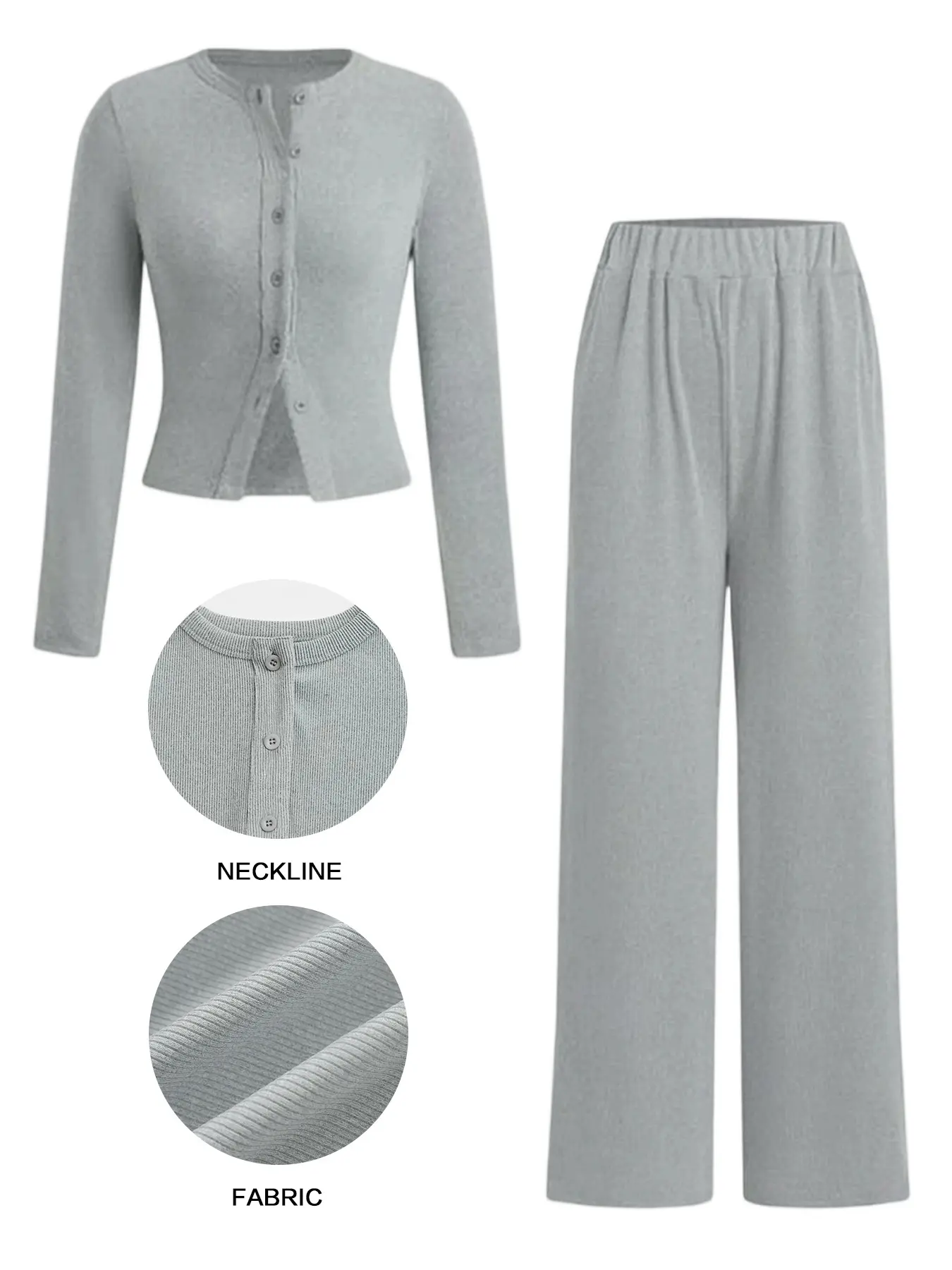 Comfortable Gray Long Sleeve Top & Wide Leg Pants Set with Button Front and Soft Fabric for Everyday Wear
