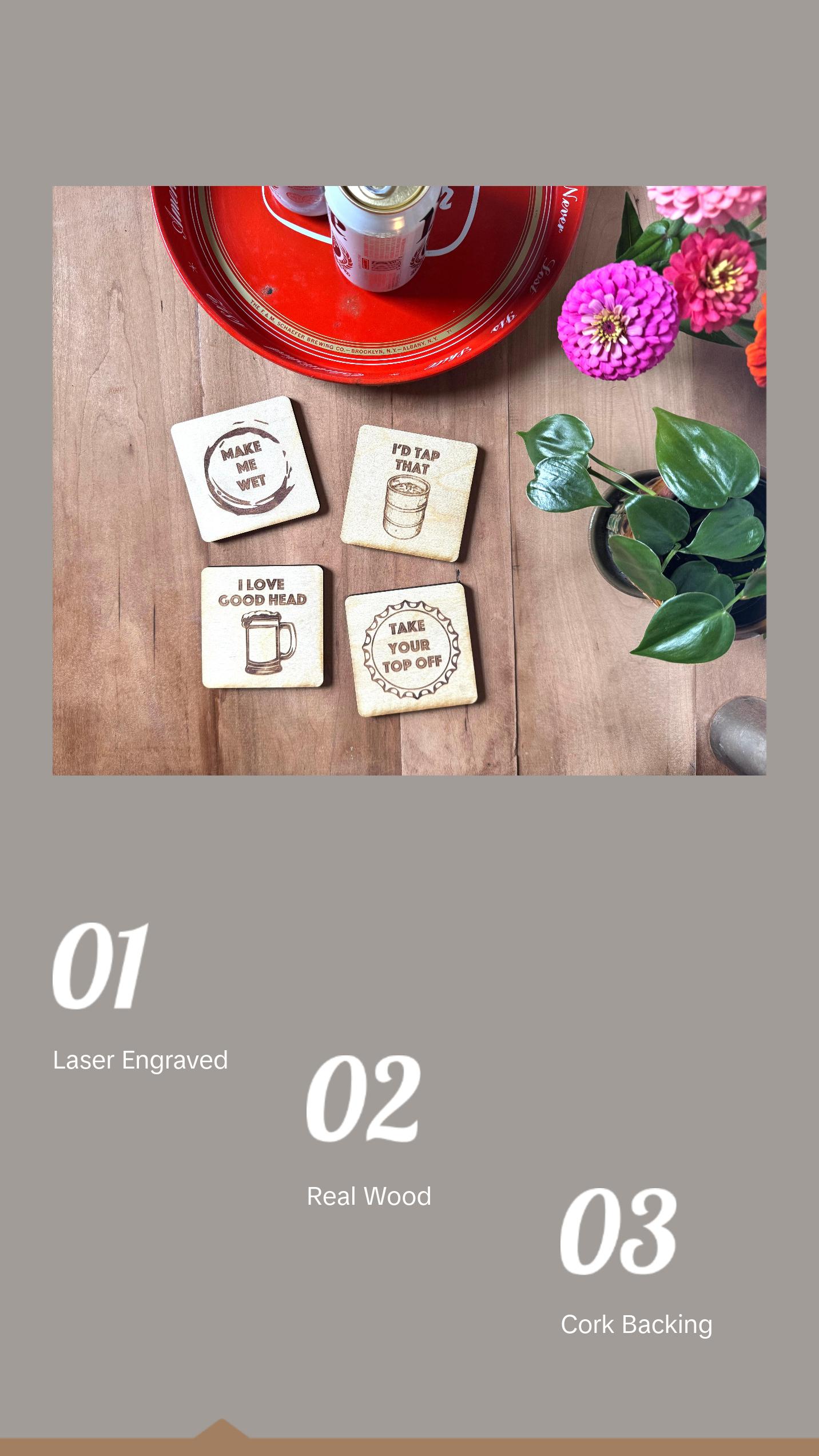 Beer Coasters | Set of 4  | Laser Engraved Real Wood Drink Coaster with Cork Backing - Housewarming Gift