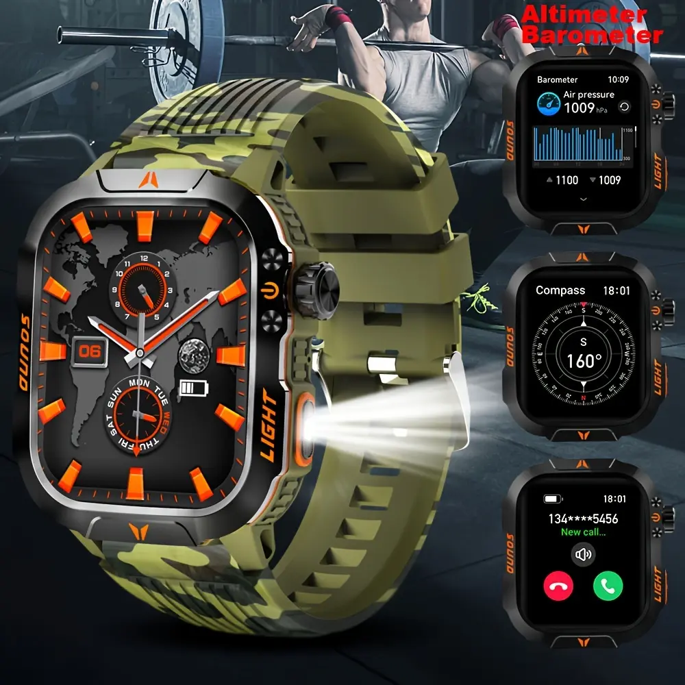 [Tactical Smartwatch] Tactical Smartwatch for Men - Wireless 5.0, LED Flashlight, 100+ Sports Modes, Fitness Tracker, Compass, Altimeter, Barometer, Pedometer, Magnetic Charging, for Android & iPhone, Olive Green