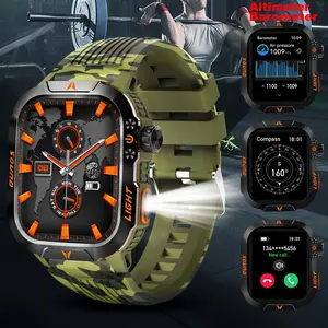 Tactical Smartwatch for Men Wireless 5.0 LED Flashlight 100+ Sports Modes Fitness Tracker Compass Altimeter Barometer Pedometer Magnetic Charging Olive Green