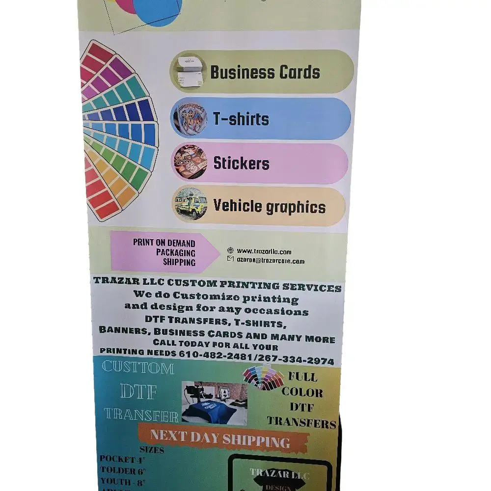 Retractable Banner with Business Cards, T-Shirts, Stickers & Vehicle Graphics - Customizable Printing for Business and Personal Use