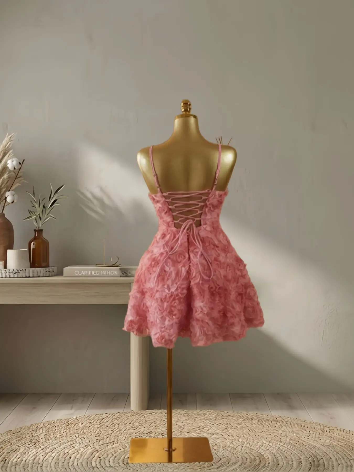 QFAF 2026 Pink/blue Floral Mini Dress for Women, 3D Rose Textured Spaghetti Strap Dress, Back QFAF 2026 Pink/blue Floral Mini Dress for Women, 3D Rose Textured Spaghetti Strap Dress, Back
