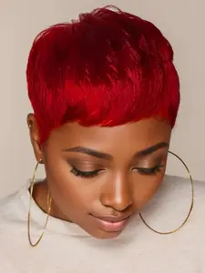 Red Colored Wig Straight Wig Pixie Cut Wig for WomenHuman Hair Wig Full Machine Made Wig 150% Density 6 Inch Silky Straight Wig Pixie Wigs