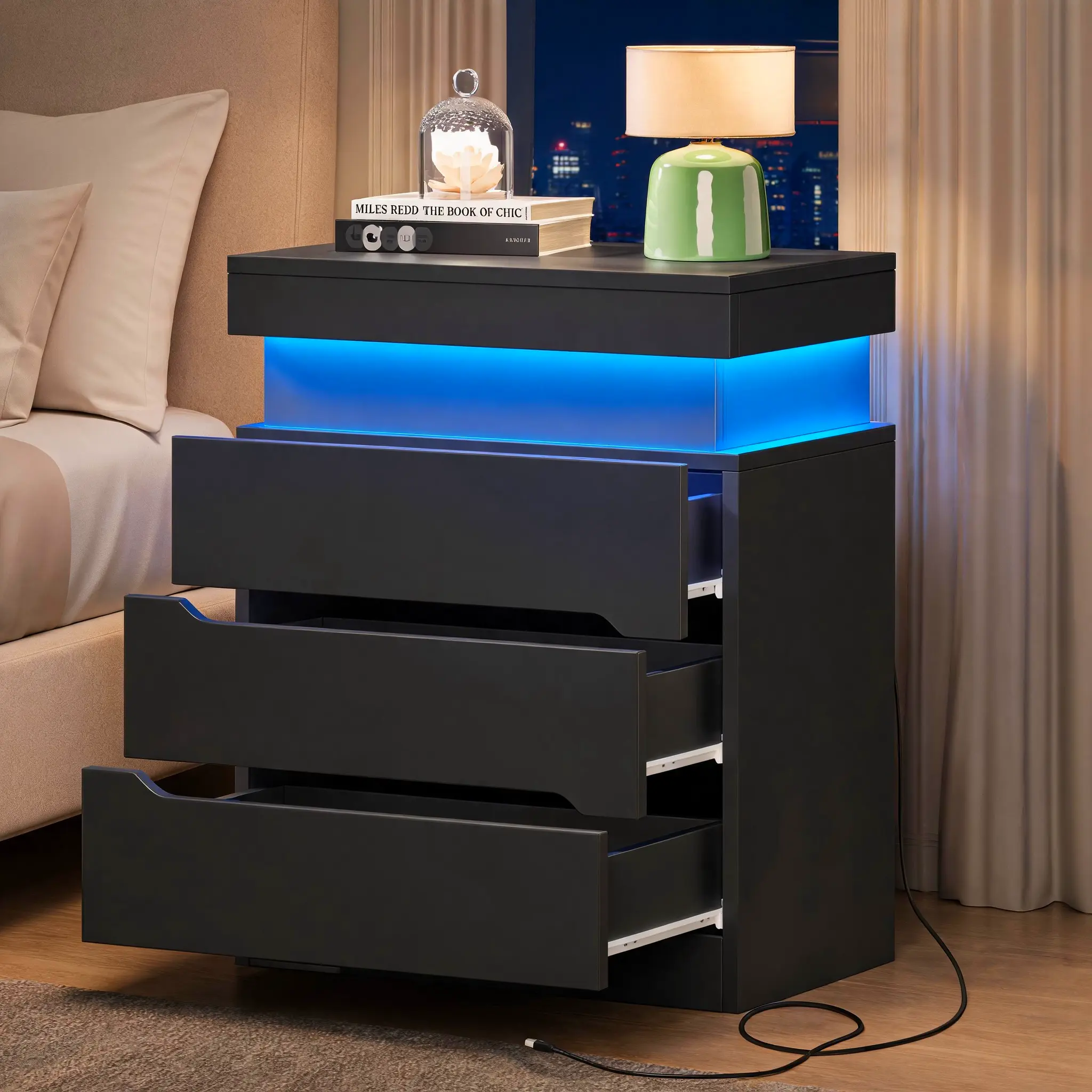 Modern RGB LED Strip Black Bedside Table - Side Tables Bedroom with Sliding Hidden Panel Storage Top, 3 Drawers, Stable Base, App-Controlled Music Sync Light for Bedroom Desk Makeover