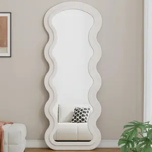 Flannel Full Length Wave white Floor Mirror with Stand for Bedroom living room Hanging or Against The Wall Fashionable and atmospheric unique style  for Home Decor Wooden Box Christmas Cream