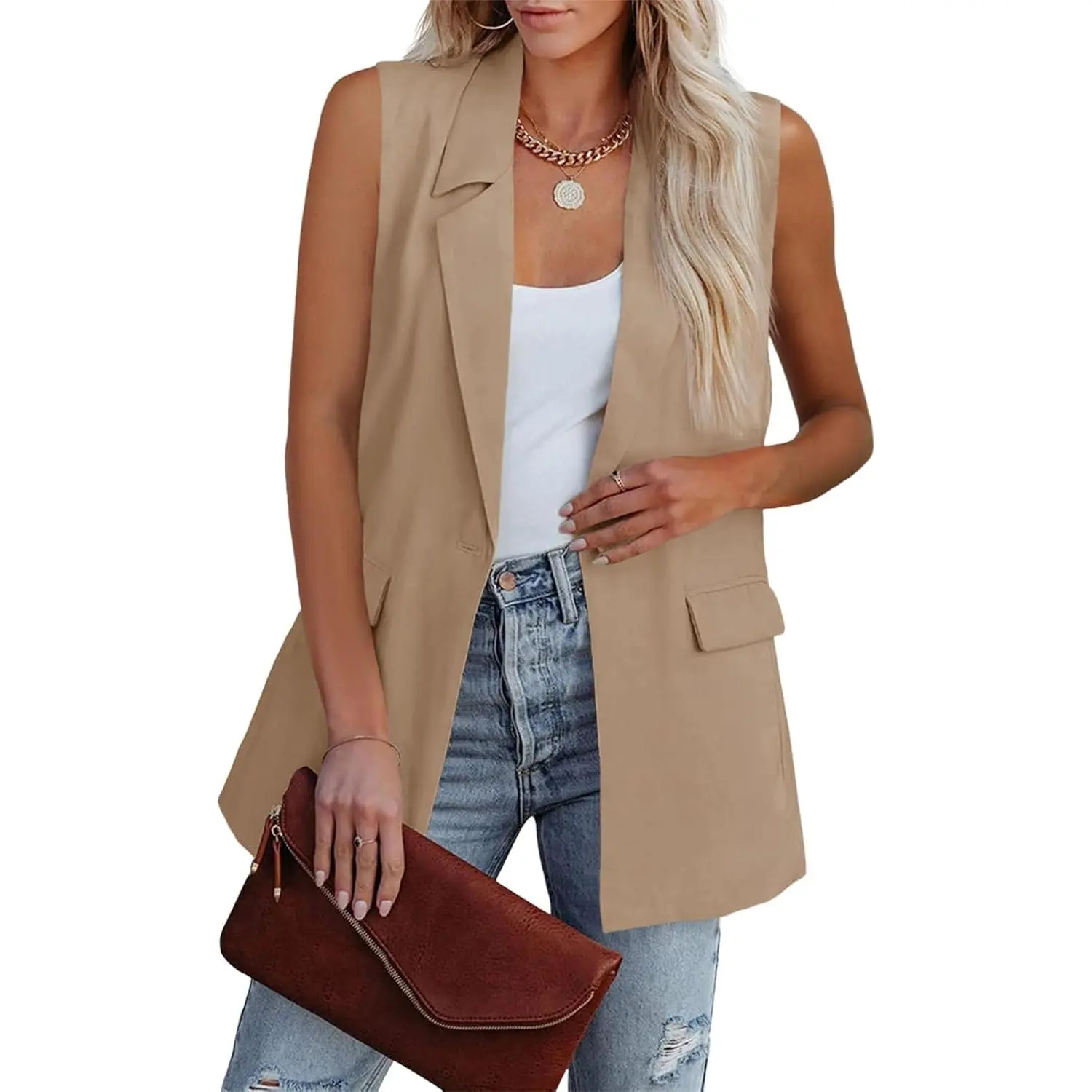 FMEYOA Women's Sleeveless Blazer Vest Casual Open Front Single Button Summer Jacket with Pockets