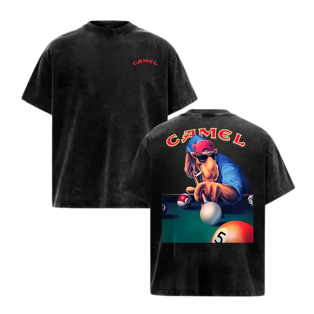 Black Washed Vintage Camel Joe Billiards‑Pattern T‑Shirt, Unisex Crewneck Pure Cotton Short‑Sleeve Top, 90s Retro Street Style for Daily Casual Wear, Ideal Gift for Fathers, Boyfriends and Friends, Multiple Styles Available