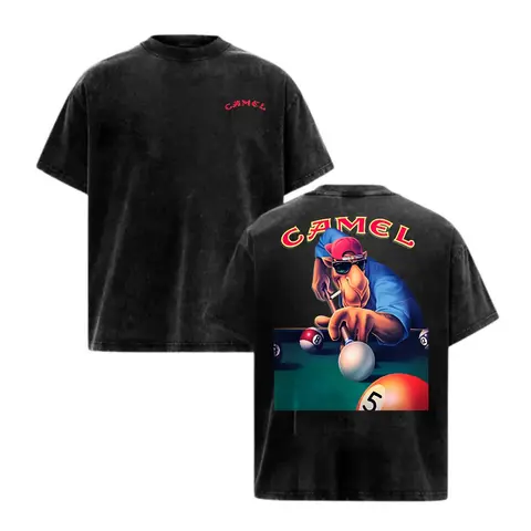 Black Washed Vintage Camel Joe Billiards‑Pattern T‑Shirt, Unisex Crewneck Pure Cotton Short‑Sleeve Top, 90s Retro Street Style for Daily Casual Wear, Ideal Gift for Fathers, Boyfriends and Friends, Multiple Styles Available