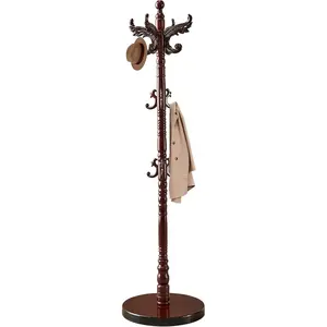 Wooden Coat Rack Stand,   Birch  Coat Racks Freestanding, Solid  Coat Tree Stand with 14 Hooks, Classic Sturdy Coat Racks Hall Tree for Entryway, Office (Round chassis)