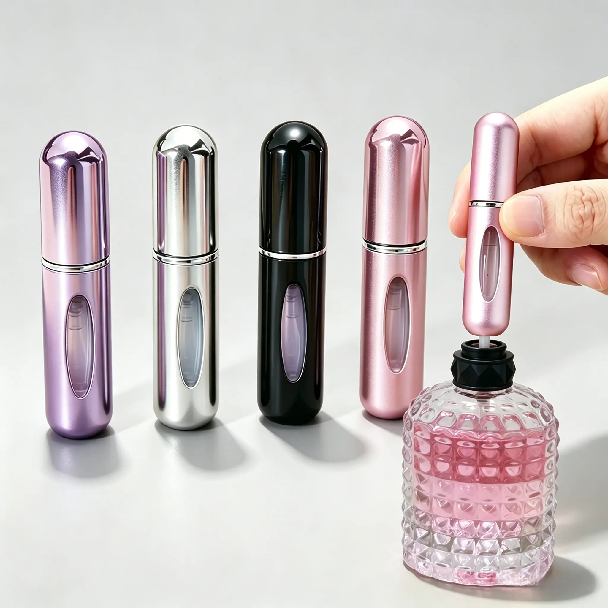 4 Pack Refillable Perfume Atomizers, 5ml Leak-Proof and Portable Aluminium Bottles for Travel, Easy Bottom Fill with Visible Window