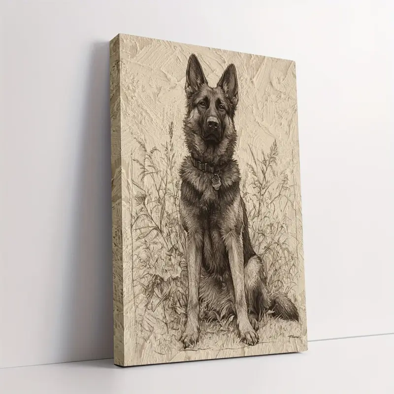 Modern German Shepherd Line Art Painting, Black and White Canvas Wall Decoration, Size 11.8x 15.7inch cm, Wooden Frame, Ideal Bedroom Decoration, Unique Artistic Embellishment, Wall Hanging, No Power Required