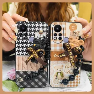 Dirt-resistant Simplicity Phone Case For Infinix Hot11S/X6812 Skin-friendly feel Anti-knock Bear bracelet Back Cover Cartoon silicone Black pearl pendant Waterproof cute soft case