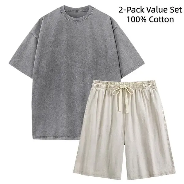 Men's 2-Piece Clothing Set - 100% Cotton Vintage Acid Wash Oversized Crew Neck Plain Tee, Breathable Drawstring Knee Shorts, Casual Soft Summer Loungewear for Daily Street Wear Men's 2-Piece Clothing Set - 100% Cotton Vintage Acid Wash Oversized Crew Neck Plain Tee, Breathable Drawstring Knee Shorts, Casual Soft Summer Loungewear for Daily Street Wear