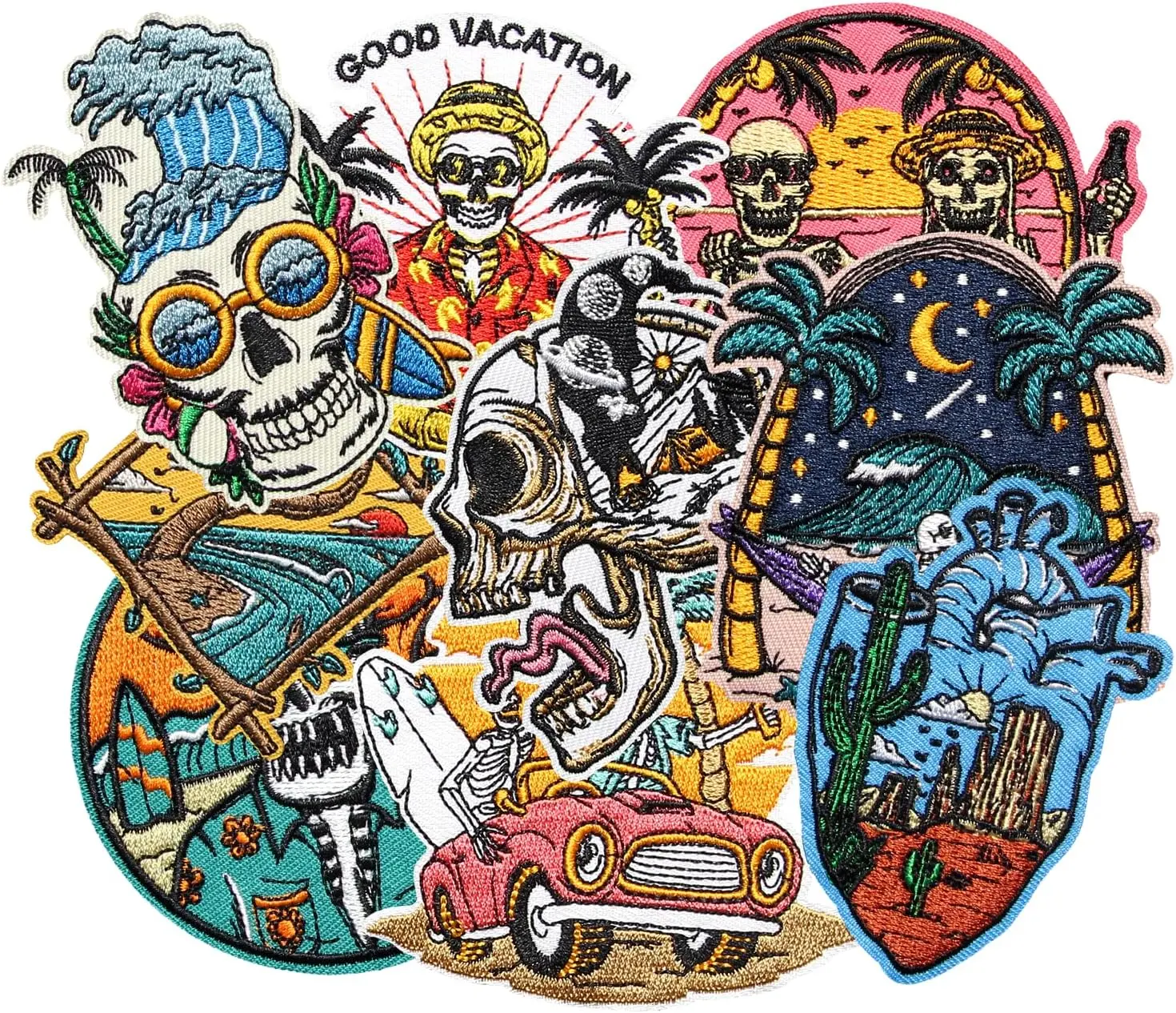 9-Piece Playful Rebellious Set Eco-Friendly Punk-Style Beach Scene Iron-On Skeleton Embroidered Patches, Durable Sewing Supplies with Gloss for Clothing Personalization, Clothing Repair, Repairing Holes, Trucker Caps