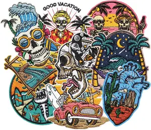 9PCS Skeleton  Iron on Patches, punky patches Outdoor Scene Landscape Surfing Driving Hammock Skull Embroidered Badges for Clothes, Applique for Trucker Hats, Jeans, Jackets, Bags, Dress
