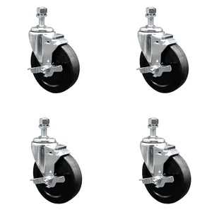 212 MAIN Service Caster SCC-SSSSTS20S514-SRS-TLB-M1015-4 Stainless Steel Soft Rubber Swivel Threaded Stem Caster with 5x1.25 in. Black Wheels, 10 mm Stems, Top Brake, Chemical Resistance - Set of 4