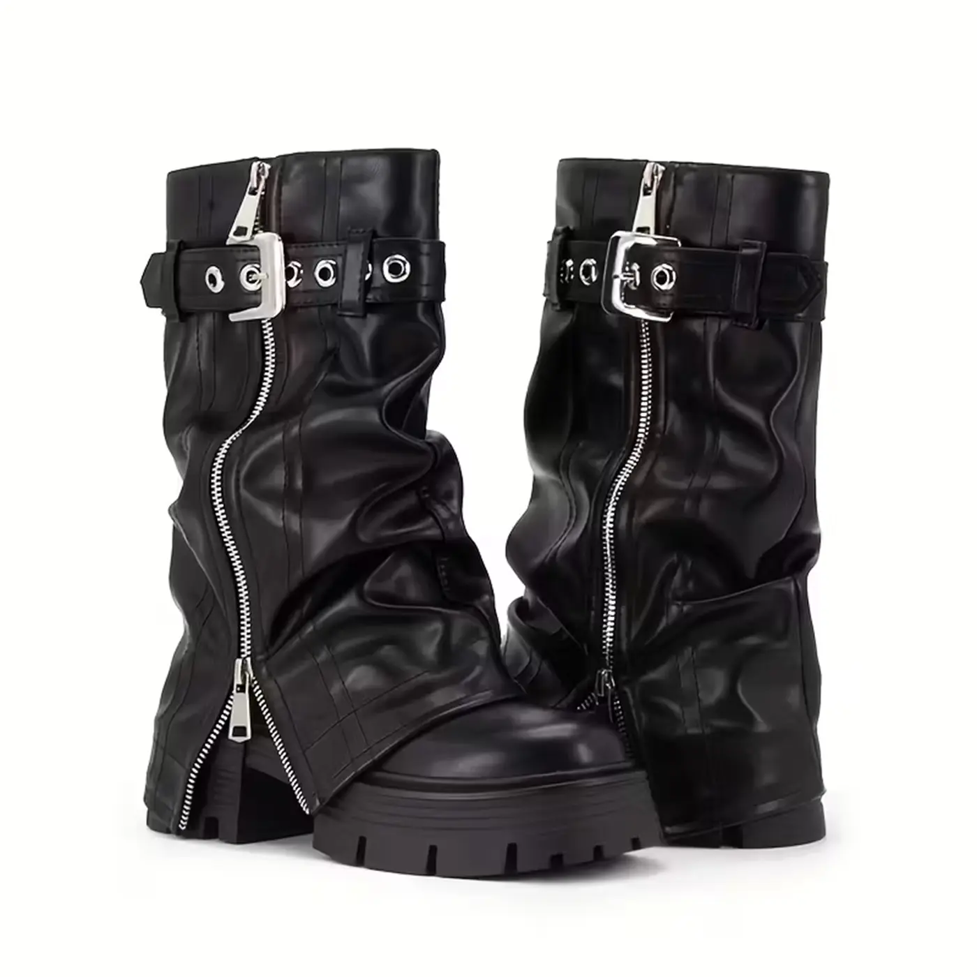 EROCALLI Women's Platform Fold Over Biker Mid Calf Boots Belt Buckle Square Toe Chunky Heel Zipper Short Motorcycle Ankle Combat Boots  lack Leather Knee-High Platform Boots with Zipper & Buckle, Edgy Punk Moto Boots