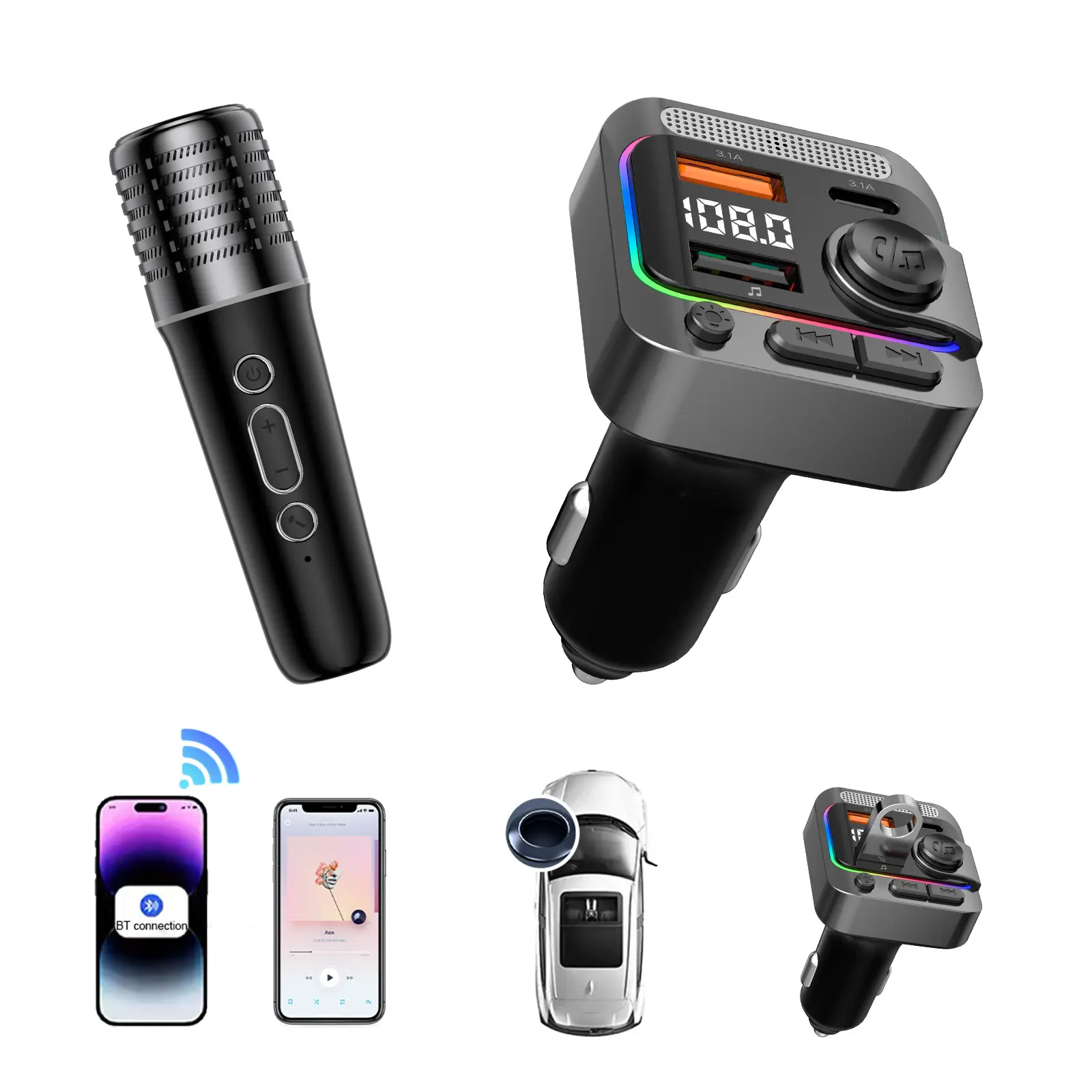 Wireless Car Karaoke Microphone with Bluetooth 5.3 FM Transmitter Kits, 6 Voice-Changing Effects, Fast-Charging USB Ports, Hands-Free Calling, MP3 Player, RGB LED Lights, Smartphone Adapter, Chargeable Device Compatibility, Fm Transmitter Bluetooth Kits