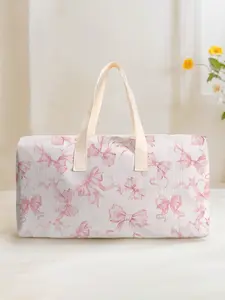 Large Capacity Corduroy Travel Bag with Bow Pattern, Casual Weekender Carry-On for Short Trips and Daily Commute