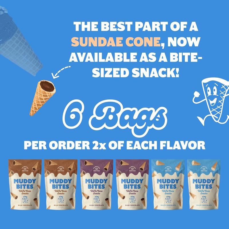 Muddy Bites Waffle Cone Snacks Bite Sized Filled Cone Bites for Snack or Dessert, Milk, Dark & White Chocolate, Made with Cane Sugar, Kosher, Fair Trade Certified (Variety Pack, 6 Bags)