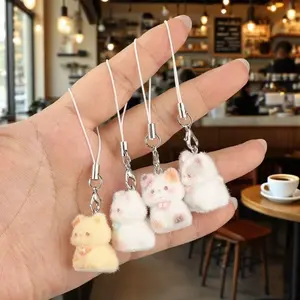 Cute Cartoon 3D Flocked Cat Resin Keychain – Plush Animal Pendant with Random Color Lanyard, Bag / Phone / Car Key / Earphone Decorative Charm