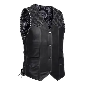DANIEL SMART Midnight Thread™ Men’s Motorcycle Leather Vest - Premium Black Leather, Paisley Lining, Adjustable Fit, Classic V-neck, 4mm Foam Padding - Cotton