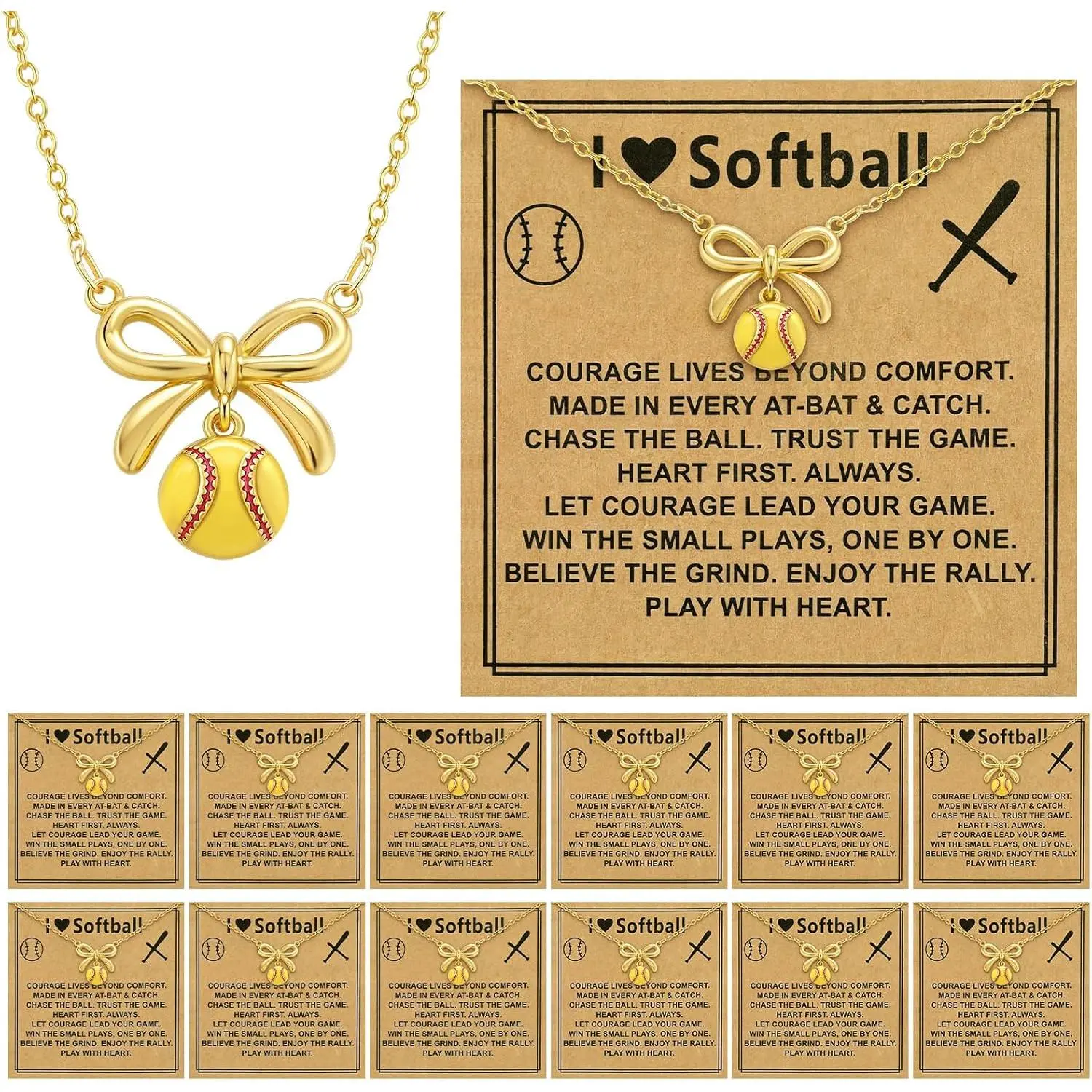 12 Set Softball Necklaces for Women Inspirational Brass Bow Pendant Adjustable  Accessories Birthday Christian  for Team  Player  Lovers