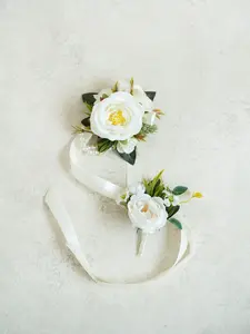 Soft White Garden Rose Wrist Pearl Corsage & Boutonniere Set - Soft White Camellia Prom Corsage, Boho Wedding Flower Girl Wristlet, Homecoming Corsage, Groom Boutonniere, Bridesmaid Corsage Gift with Customizable Ribbon Colors and Silk Flowers
