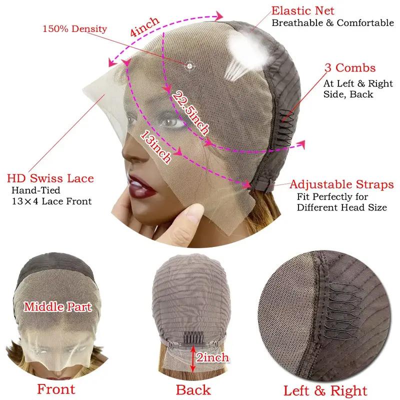 14 Inch Highlight Short Bob Human Hair Wigs 4/27 Color Brazilian Hair Honey Blond Straight 13x4 Lace Front Wigs For Black Women