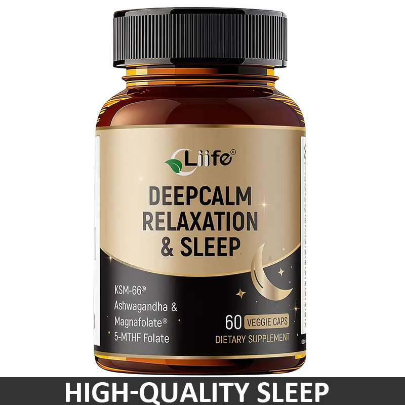 LIIFE DeepCalm Adult Dietary Sleep Aid Vitamin Supplement - 60 Veggie Capsules with KSM-66 Ashwagandha Extract, GABA, L-Theanine, 5-MTHF Folate, Insomnia, Stable Sleep Solutions, Natural Herbs, Mood & Focus Support, Vitamin B Formulas, Insomnia Solutions