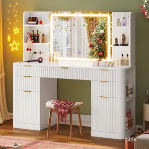 HAUOMS 51.2" Fluted Makeup Vanity Desk with Large 30.3" Mirror and Lights, 5 Drawer Vanity with Power Strip, 6 Open Shelves, 2 Cabinet，Modern Dressing Table with Solid Wood Legs for Bedroom, White