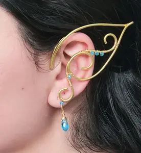 SoulCraftera Sylwen Ear Cuff Elven Crystal Ear Wrap Handcrafted Wire with Teardrop Crystal for Renaissance Cosplay Fantasy