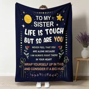 Inspirational Sister Flannel Throw Blanket - Ultra-Soft, Durable, Wrinkle Resistant, Foldable, Classic, Breathable, Thermal, "Life Is Tough But So Are You" Print, Multi-Size, Emotional Support, Cozy Warm for Couch & Travel, All-Seasons Birthday Gift