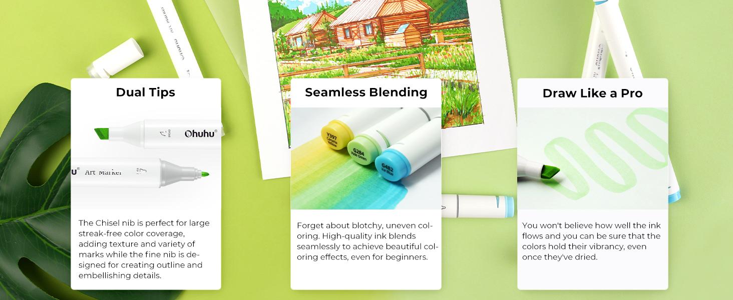 Ohuhu Oahu Alcohol Markers: Chisel and Fine Dual Tips - 40 Colors - AP Certificated Double Tipped Art Marker Set for Artists Adults Coloring Illustration -Refillable - Oahu Series of Ohuhuart