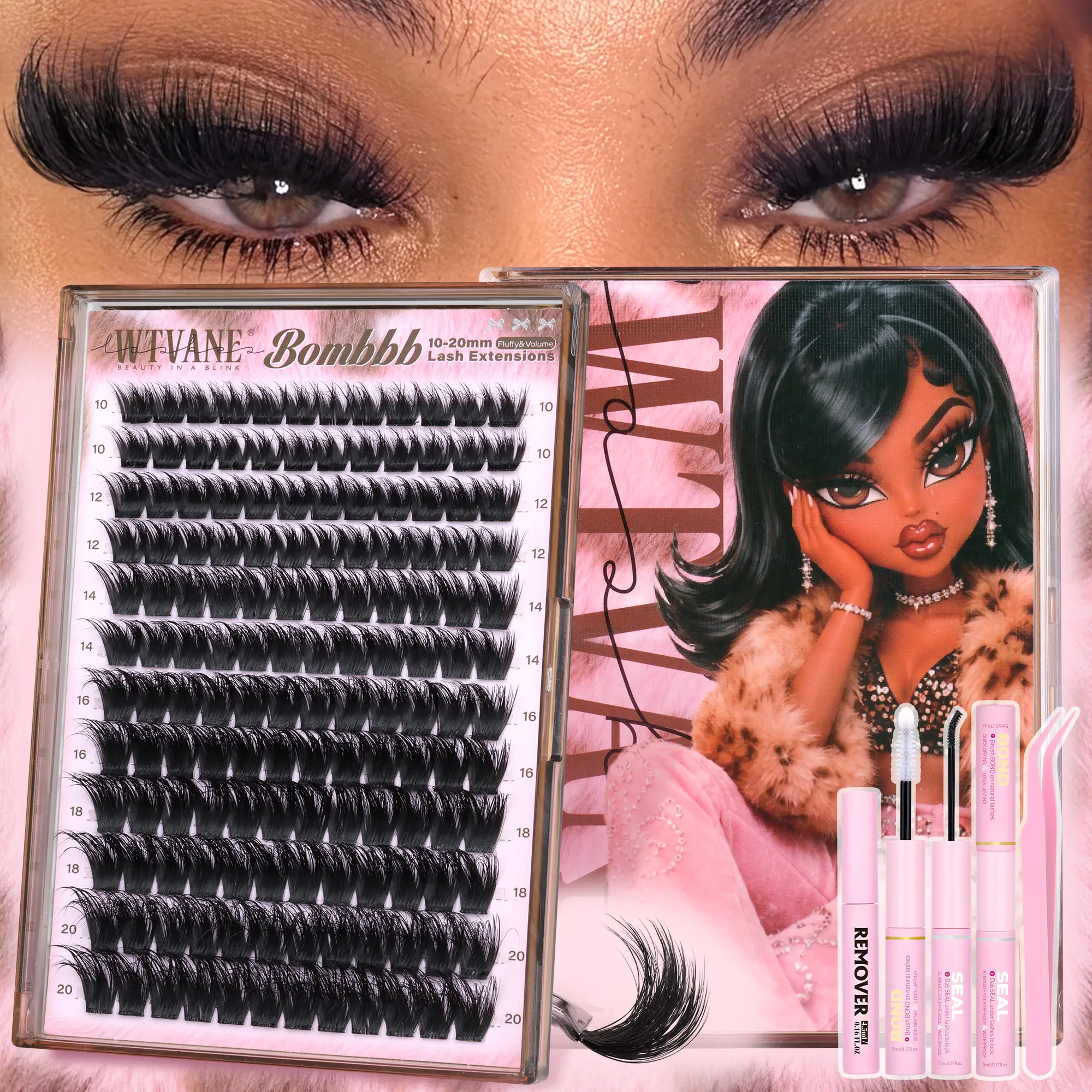 Wtvane Fluffy Lash Cluster Volume Eyelash Extensions 10-20 MM Cluster Eyelash Extensions D Curl Individual Lashes 200D Mega Volume Lash Extensions Wispy Featherlight Volumizing Wild Effect  for Bombshell Look Full Glam Makeup