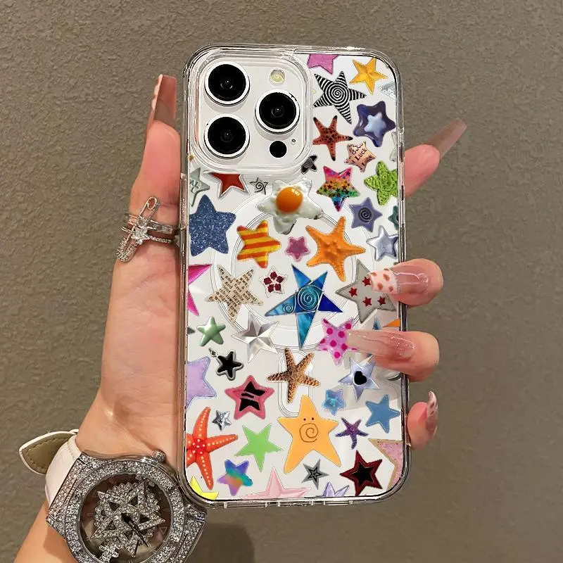 Magnetic TPU Aesthetic Star Collage Phone Protective Cover - Anti-Drop, Shockproof, Lightweight Decorative Case for iPhone 11/12/13/14/15/16/17 Pro, Pro Max, Air, Plus, Ideal for Teen Girls, Decorative Phone Protector