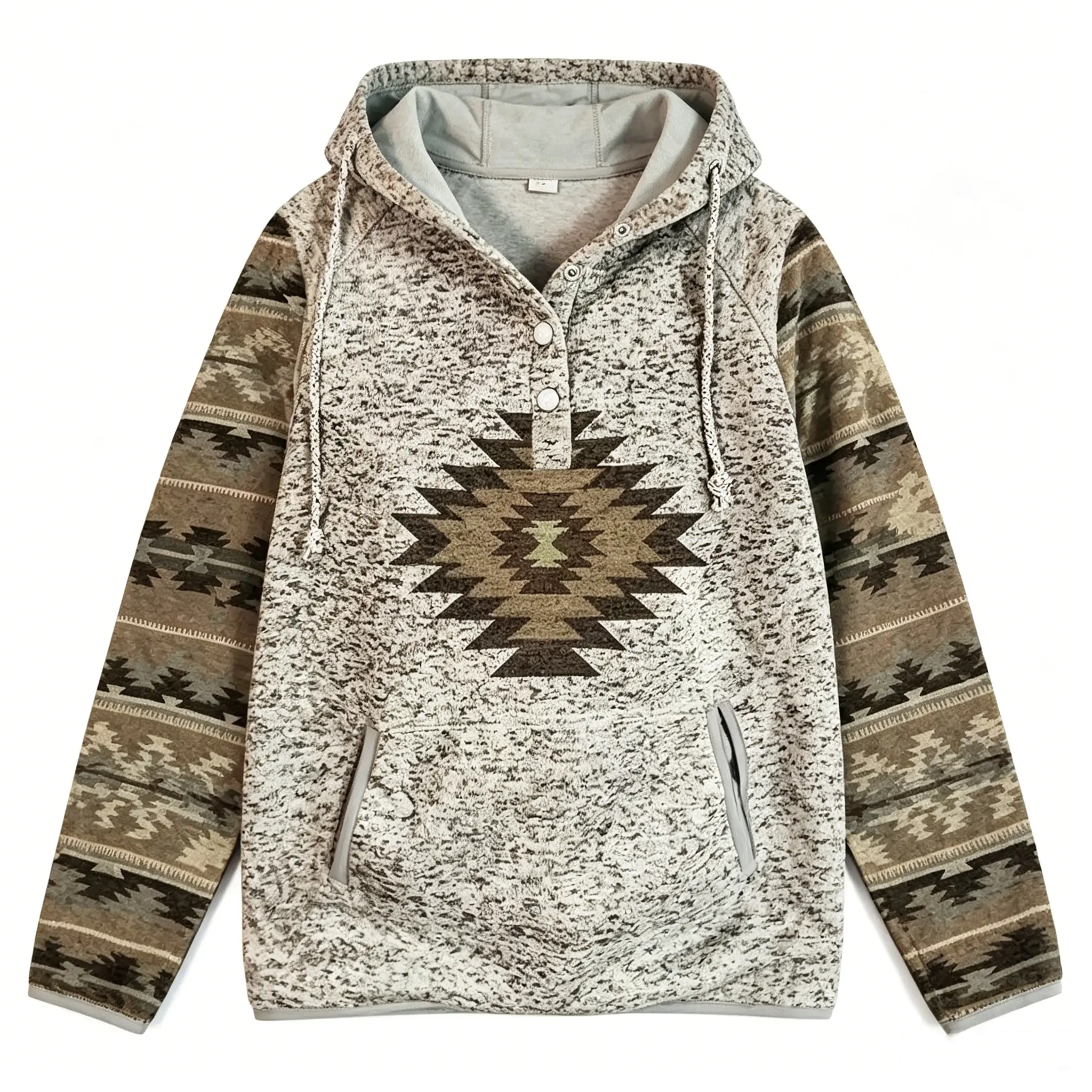 Women's Fashion Western Ethnic Print Hooded Sweatshirt, Vintage Geometric Pattern Pullover with Button Front, All-Season Casual Long Sleeve Top, for Everyday& Formal Outfits