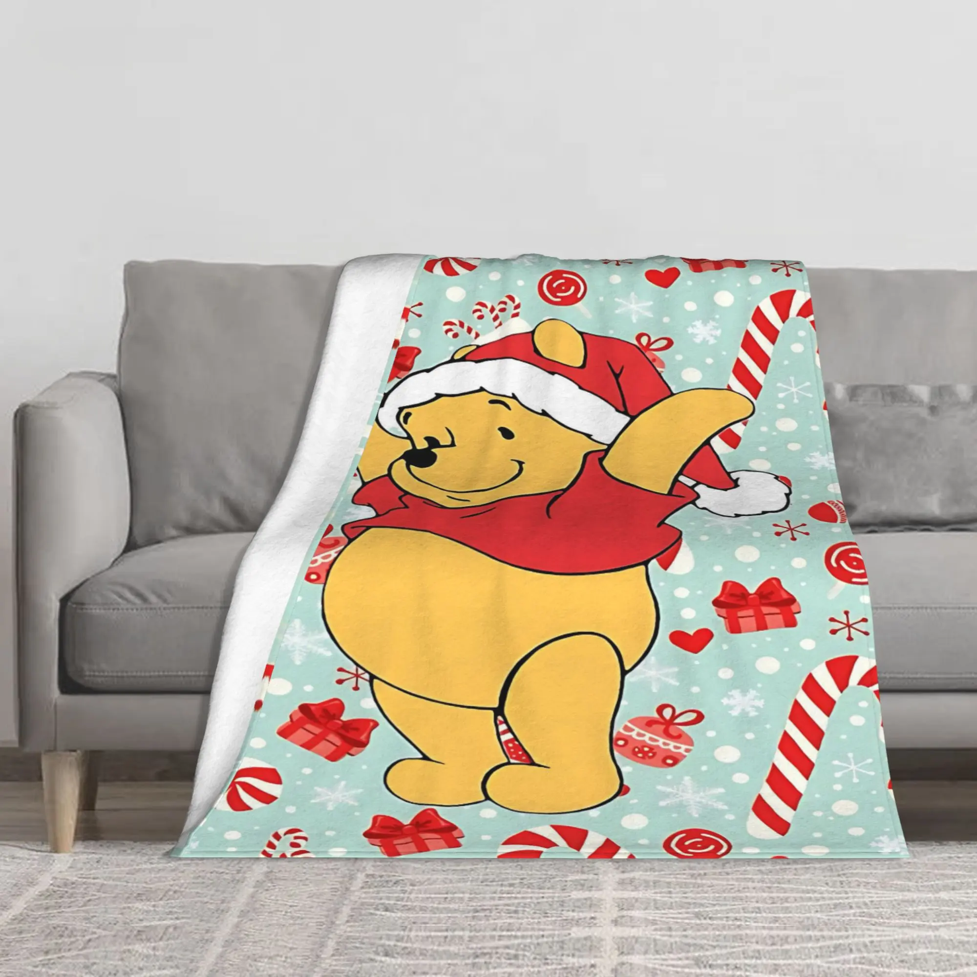 [SummerVibes] DISNEY CLASSIC Winnie the Pooh Christmas Fleece Blanket - Festive Holiday Throw with Santa Hat, Candy Canes & Gifts - Soft Plush Blanket for Kids & Adults, Cozy Winter Bedding or Sofa Cover, Perfect Christmas Gift