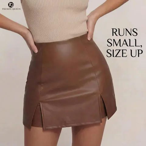 TrendyQueen Wome's Solid Color Zipper Split Hem High Waist Skirt Shorts, Fashion Casual PU leather Skirt Shorts for Daily Outdoor Wear, Ladies Bottoms for Summer